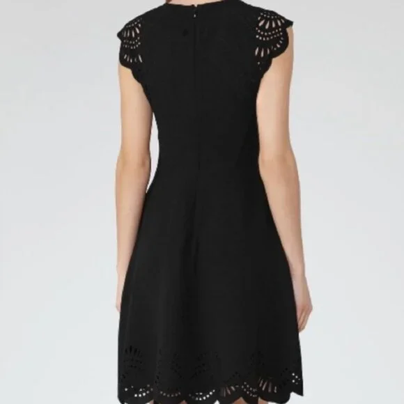 Reiss Kathy Black Laser Cut Out Scalloped Knee Length Short Cap Sleeve Dress 2 - Picture 3 of 5